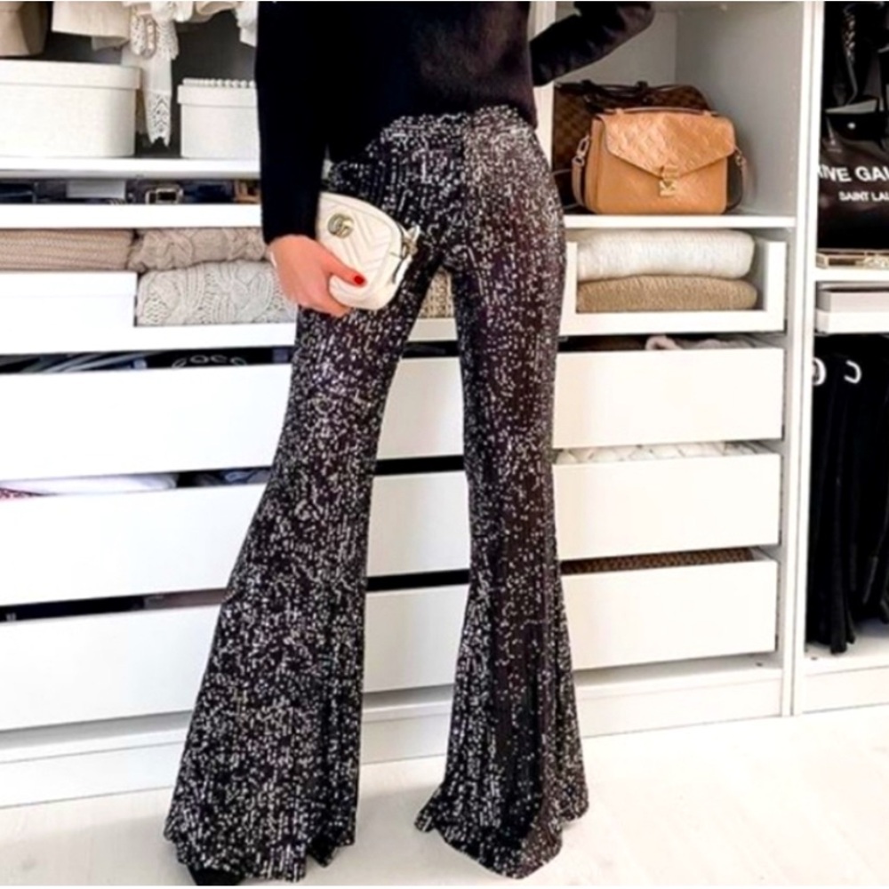 Zara black sequin high waisted flares